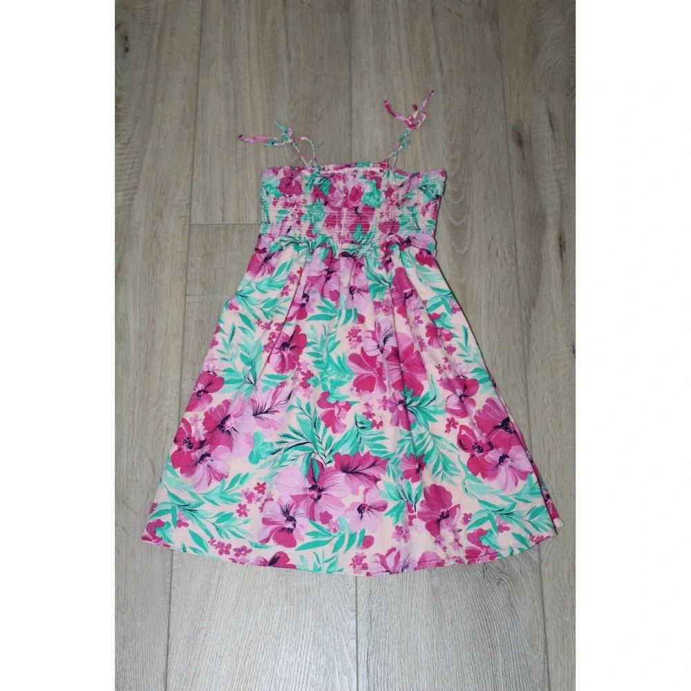 Crewcuts J.Crew Girls Pink Floral Smocked Sun Dress Adjustable Tie Straps Size 6